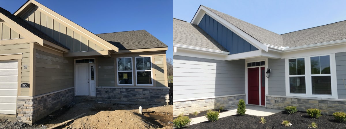 before and after of a home's front exterior with finished painted siding