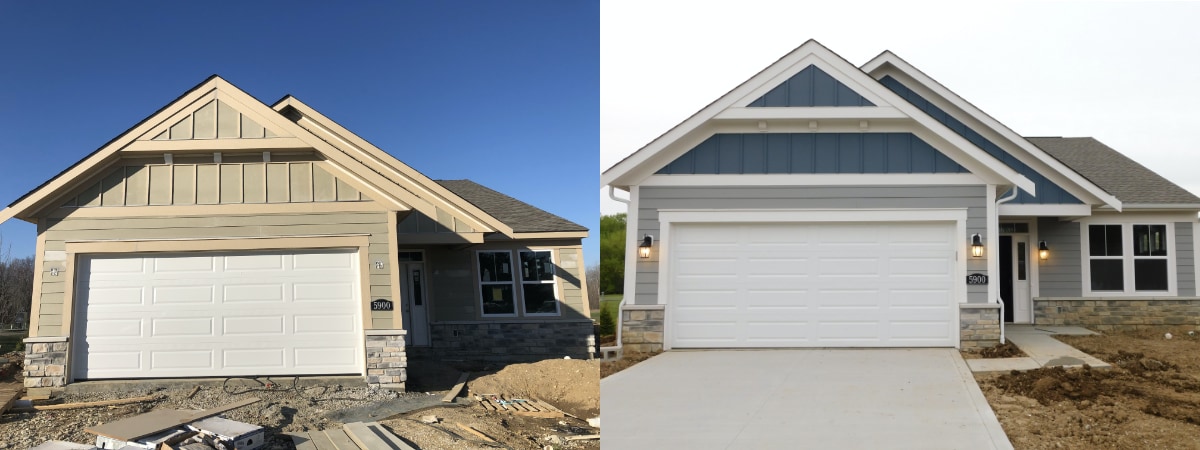 before and after of a home's front exterior with finished painted siding