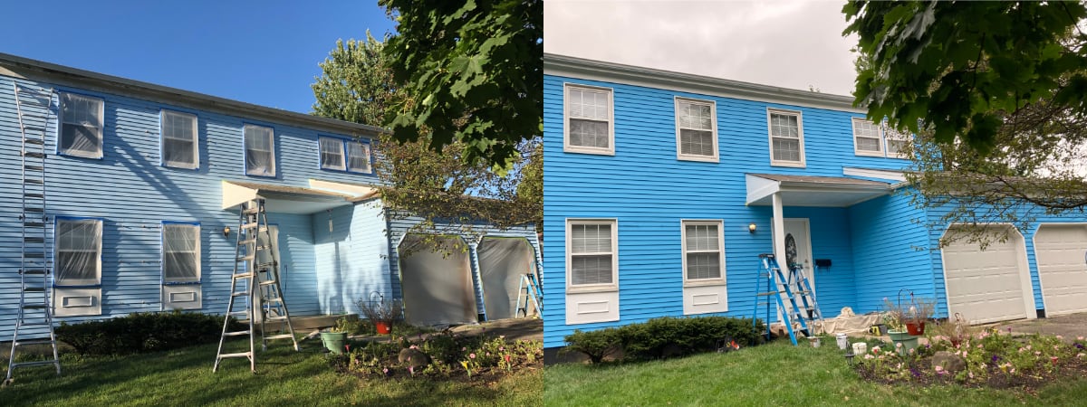 before and after painting of a large house with many windows