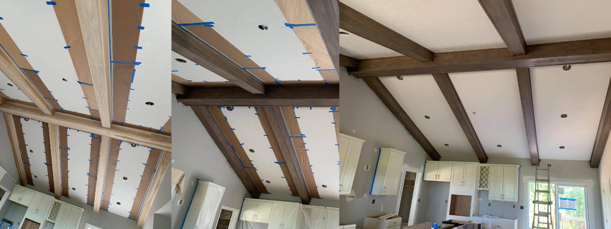 during and after painting detailed ceiling in home