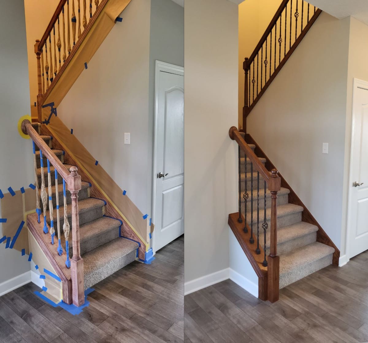 before picture of stairs at bottom with painters tape and cardboard prepped and after picture of beautiful dark stain