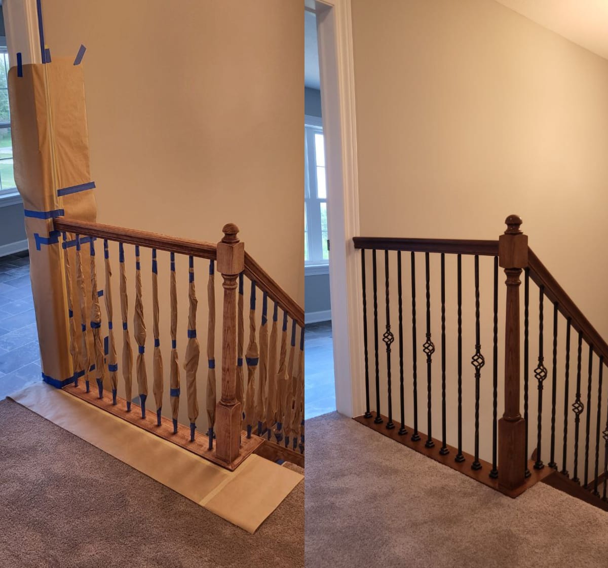 before picture of stairs at top with painters tape and cardboard prepped and after picture of beautiful dark stain
